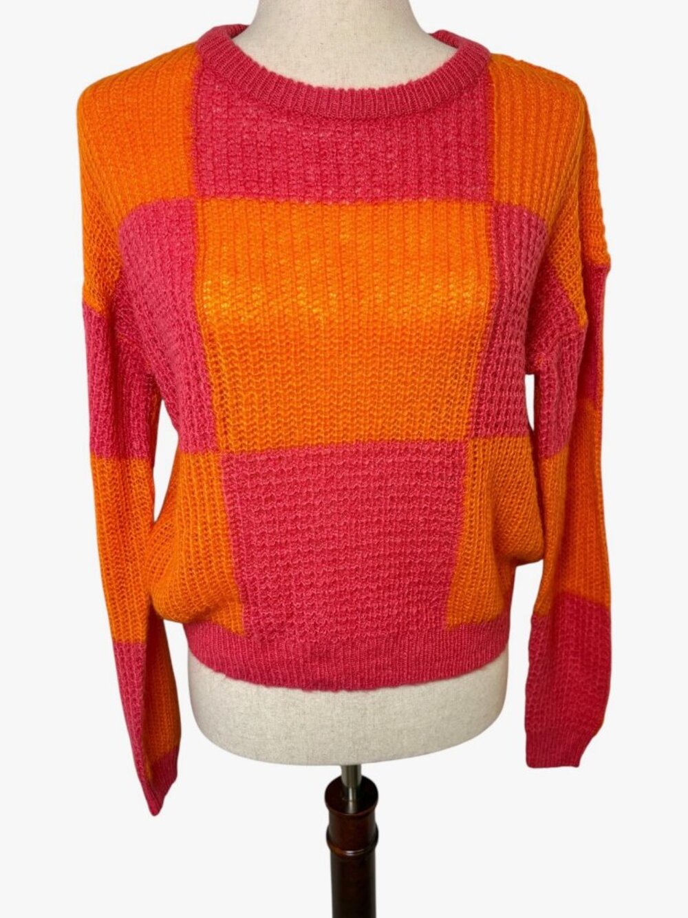 Vero Moda Pink Orange Colorblock Cropped Crewneck Sweater Medium
